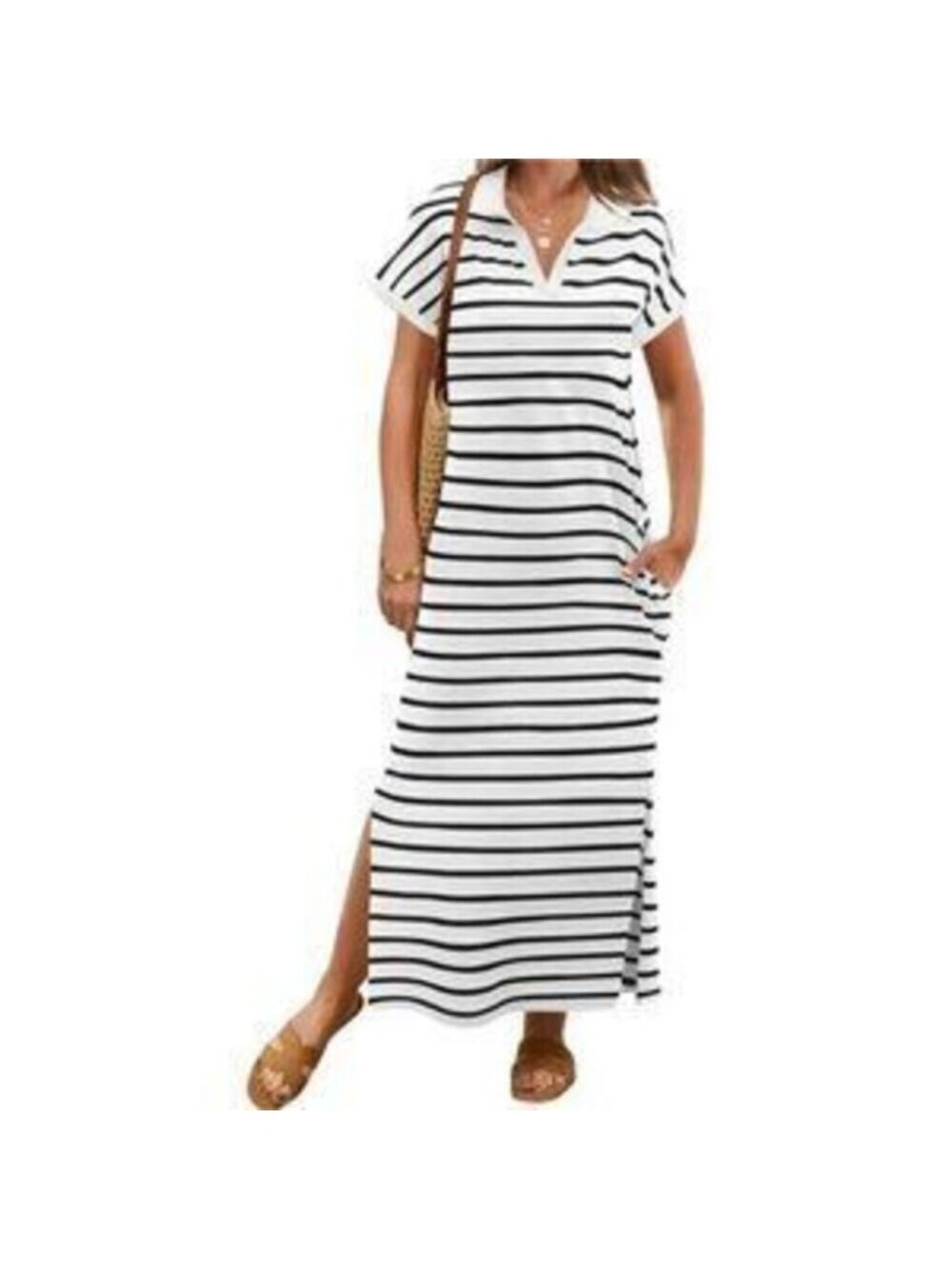 Women's Summer Striped Short Sleeve Dress V Neck Collared Side Slit Maxi Dress